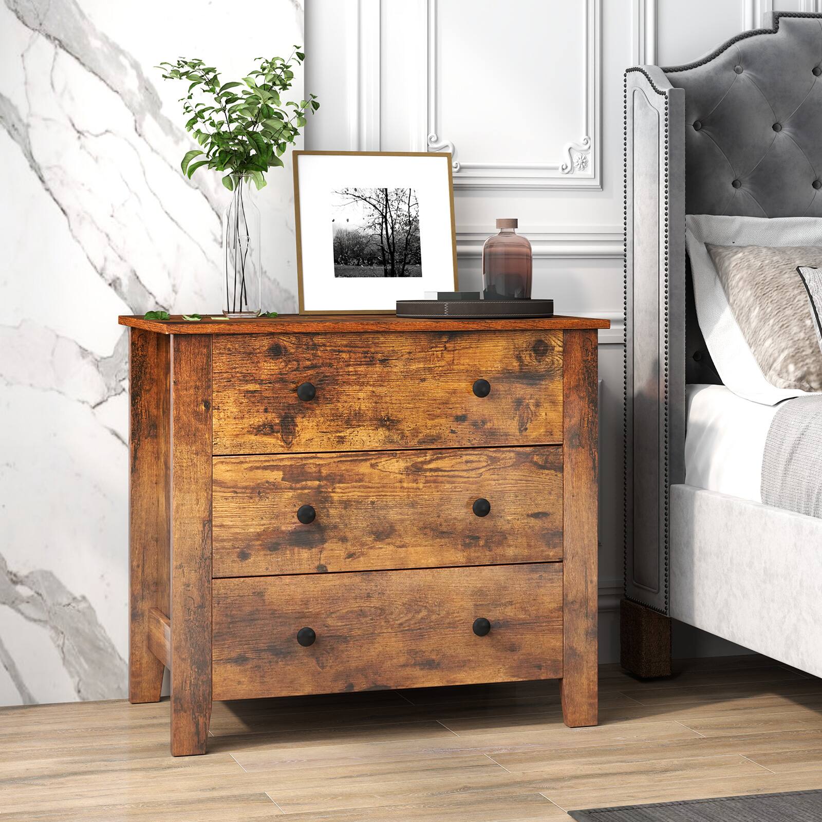 Alt View 8. Gymax - Gymax 3-Drawer Dresser 28.5'' Wide Chest of Drawers Modern Large Nightstand for Bedroom - Brown.