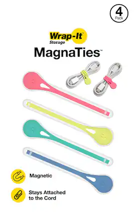 4 Pack Wrap-It Storage™ MagnaTies™ Magnetic Stays Attached to the Cord