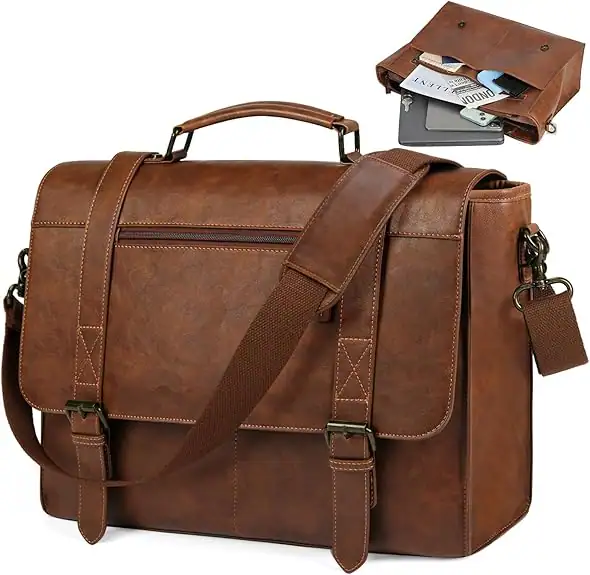 Vulpecula Spade - Messenger Bag for Men 15.6 inch Leather Laptop Bag Vintage Waterproof Satchel Computer Briefcase for Office Work - Brown