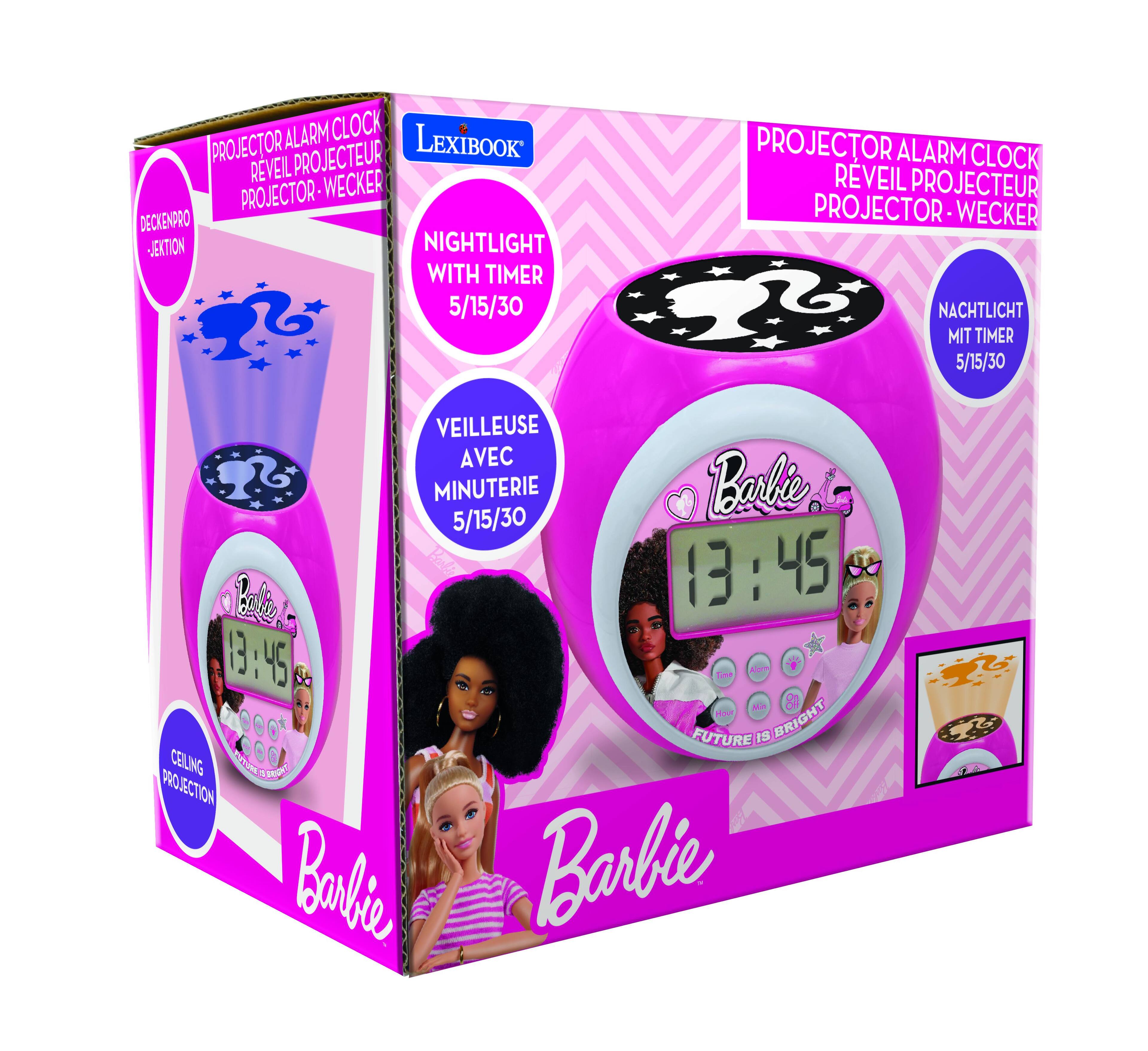 PROJECTOR ALARM CLOCK  
REVEIL PROJECTEUR  
PROJECTOR - WECKER  

NIGHTLIGHT WITH TIMER 5/15/30  
VEILLEUSE AVEC MINUTERIE 5/15/30  
NACHTLICHT MIT TIMER 5/15/30  

CEILING PROJECTION  
DECKENPROJEKTION  

Barbie  
13:45  

FUTURE IS BRIGHT