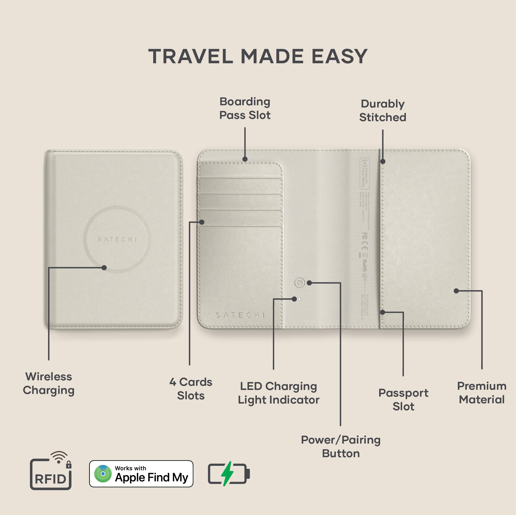 TRAVEL MADE EASY

- Boarding Pass Slot
- Durably Stitched
- Wireless Charging
- 4 Cards Slots
- LED Charging Light Indicator
- Passport Slot
- Power/Pairing Button
- Premium Material

Works with Apple Find My
RFID