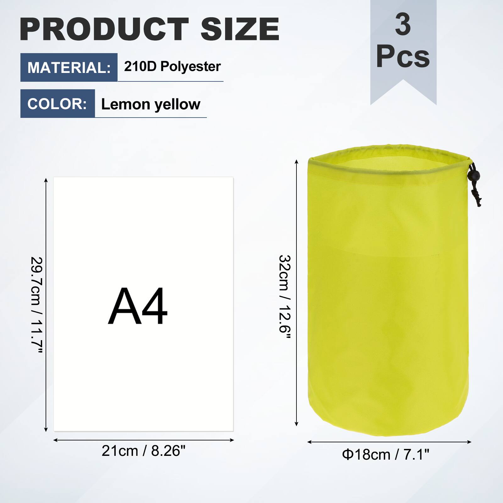 PRODUCT SIZE  
MATERIAL: 210D Polyester  
3 Pcs  
COLOR: Lemon yellow  
A4  
21cm / 8.26"  
29.7cm / 11.7"  
32cm / 12.6"  
Φ18cm / 7.1"