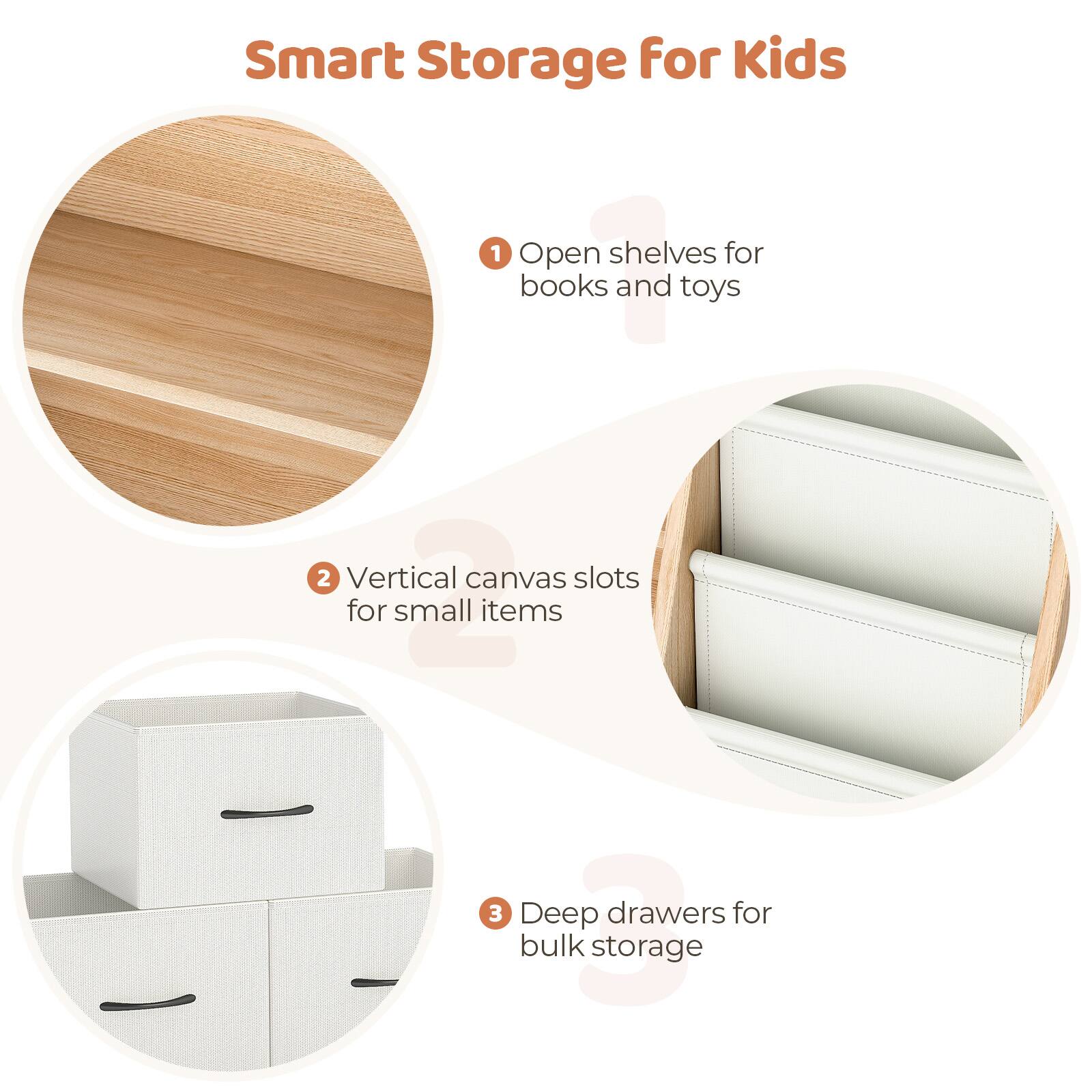 Smart Storage for Kids

1. Open shelves for books and toys
2. Vertical canvas slots for small items
3. Deep drawers for bulk storage