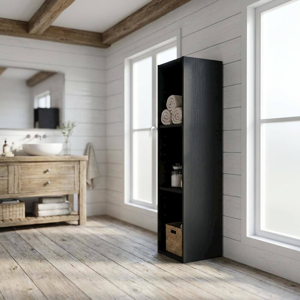 Angle. FurniFact - Wooden bookcase in sleek black finish with durable design and versatile storage - Blackwood.