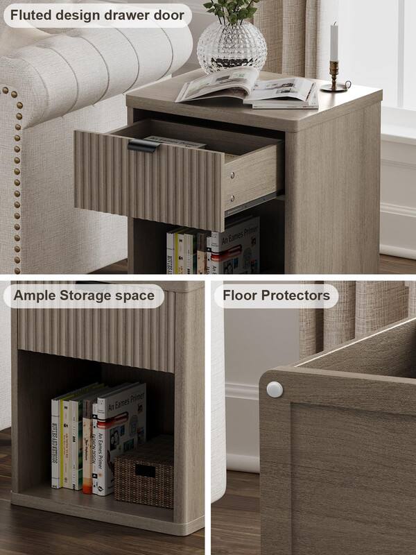 Fluted design drawer door  
Ample Storage space  
Floor Protectors