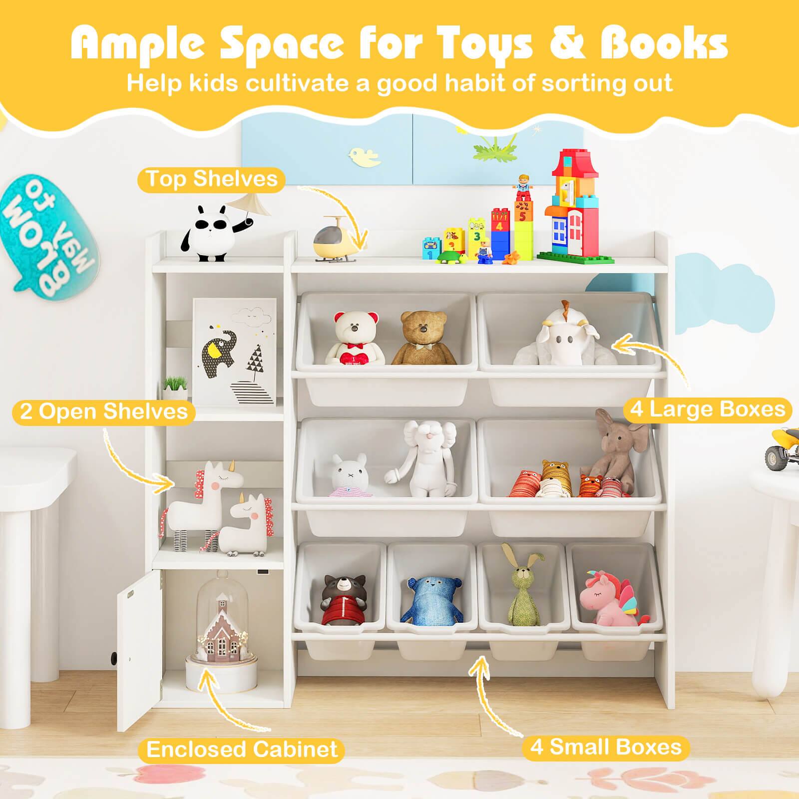 Ample Space for Toys & Books  
Help kids cultivate a good habit of sorting out

- Top Shelves
- 2 Open Shelves
- 4 Large Boxes
- Enclosed Cabinet
- 4 Small Boxes