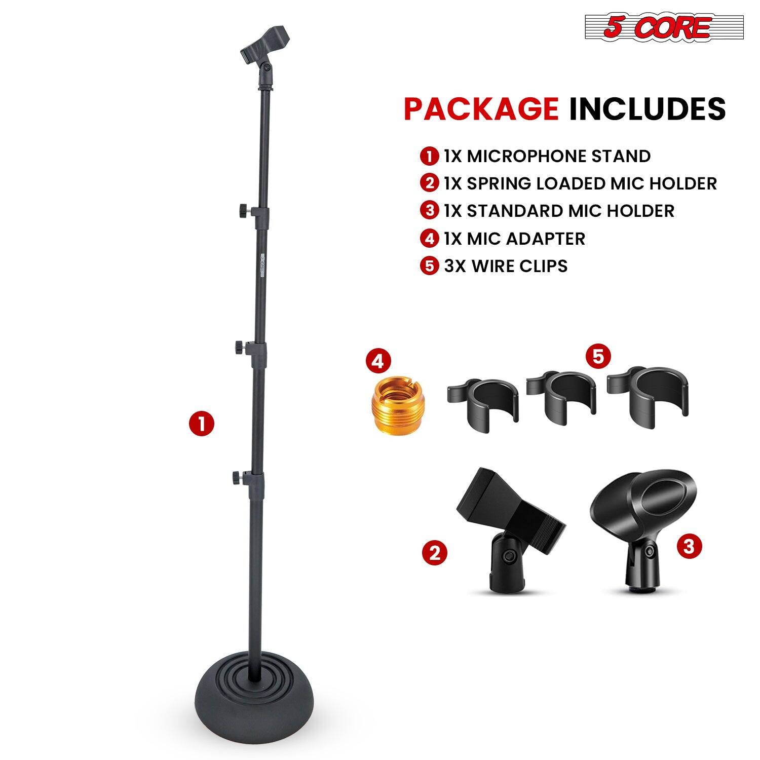 5 CORE PACKAGE INCLUDES 1 1X MICROPHONE STAND 2 1X SPRING LOADED MIC HOLDER 3 1X STANDARD MIC HOLDER 4 1X MIC ADAPTER 5 3X WIRE CLIPS