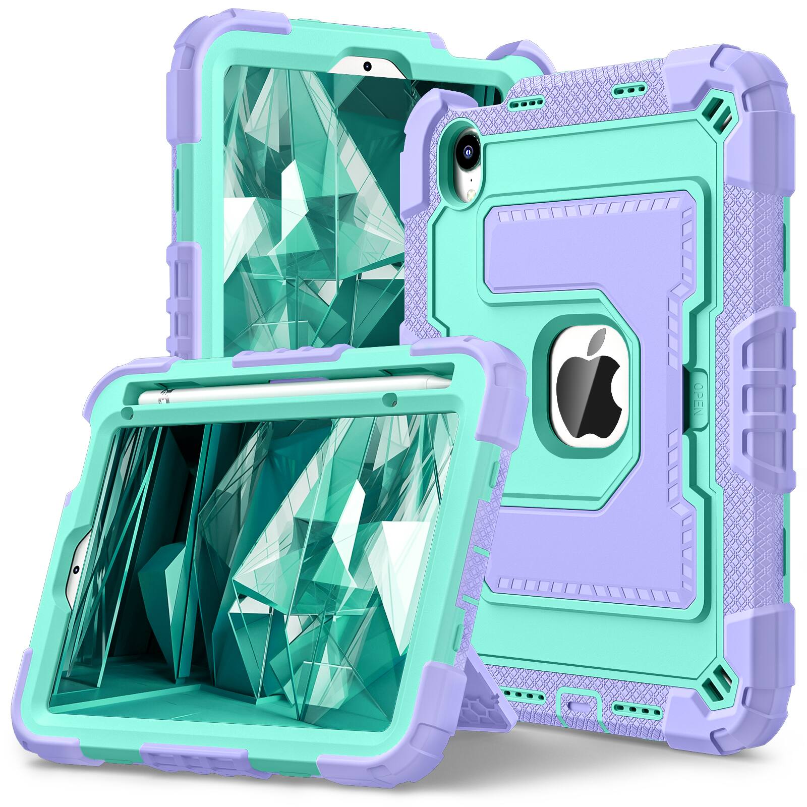 Angle. UUCOVER - Rugged Protective Case for iPad Mini A17 Pro 8.3" 2024/iPad Mini 6th Gen 2021 Shockproof Stand Cover with Shoulder Strap - Purple+Green.