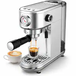 AMUMU - 20 Bar Espresso Machine with Milk Frother Steam Wand & Pressure Gauge Compact Stainless Steel Coffee Maker for Cappuccin - Silver