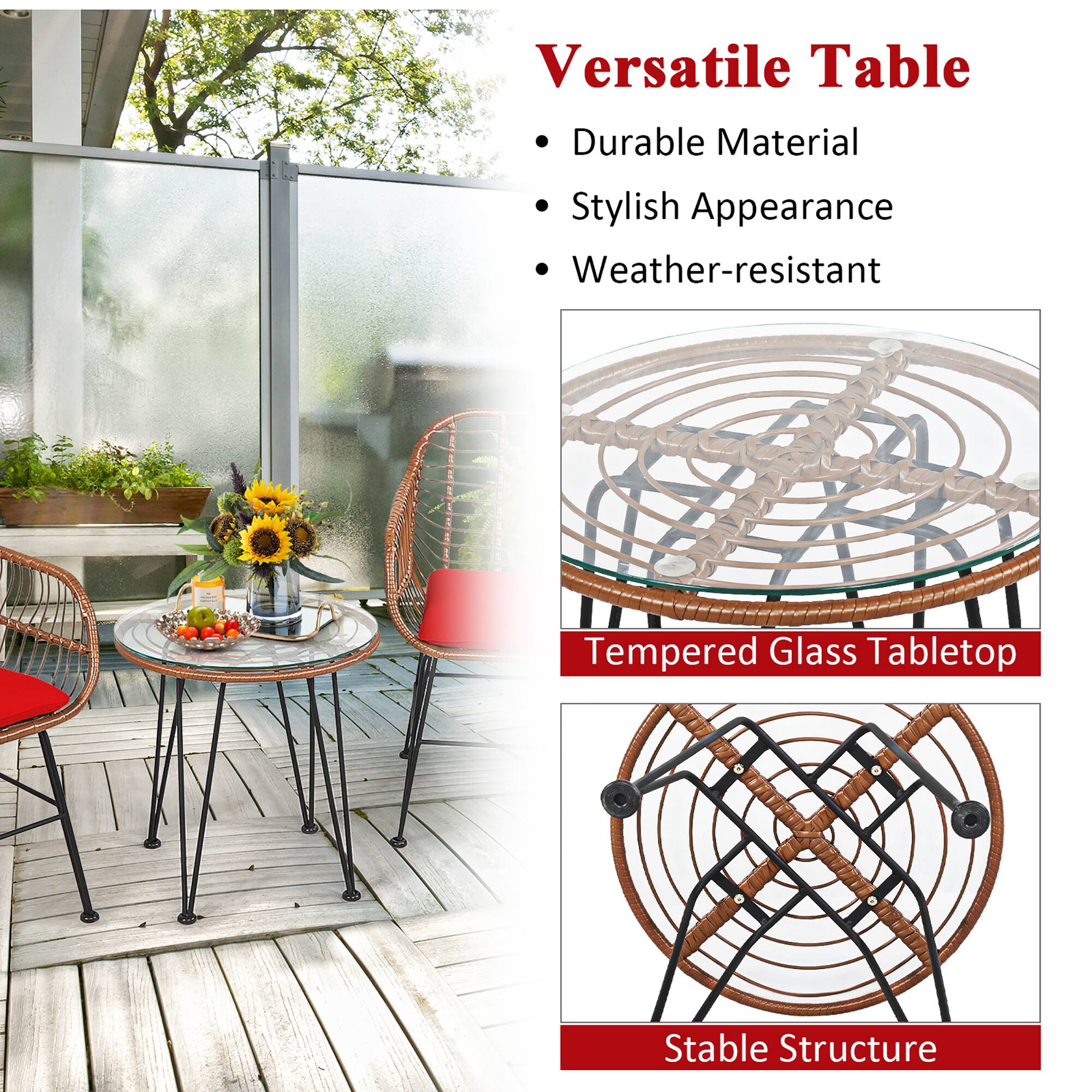 Versatile Table: Durable Material, Stylish Appearance, Weather-resistant, Tempered Glass Tabletop, Stable Structure.