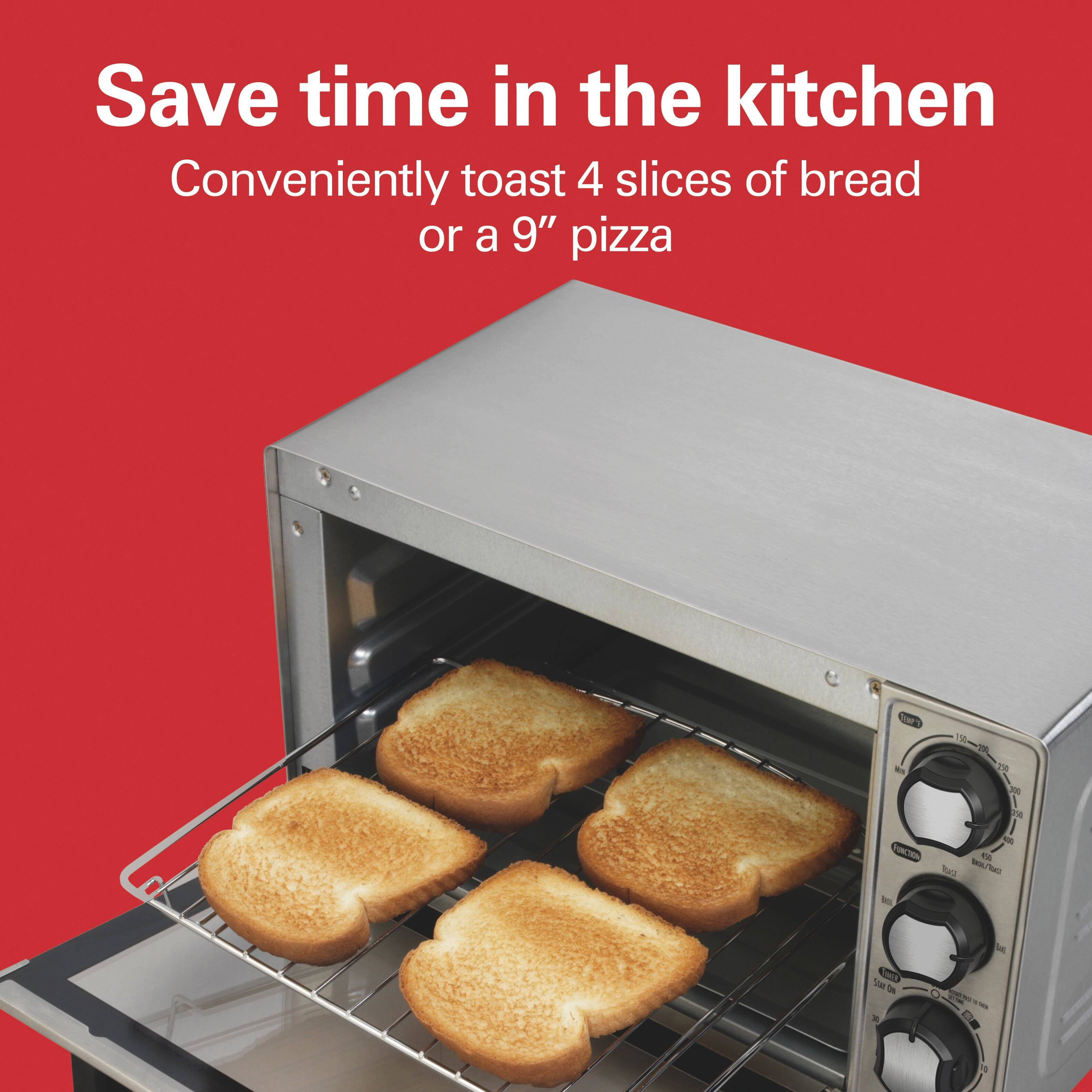 Save time in the kitchen  
Conveniently toast 4 slices of bread or a 9" pizza