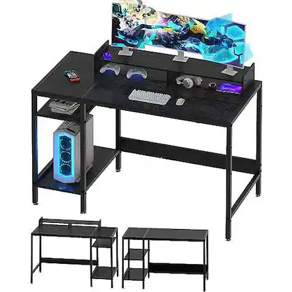 Front. Hirose Alice - Gaming Desk With Monitor Stand Storage And Marble Design - Adjustable Home Office Writing 【Reversible & Adjus - Black-32 inch.