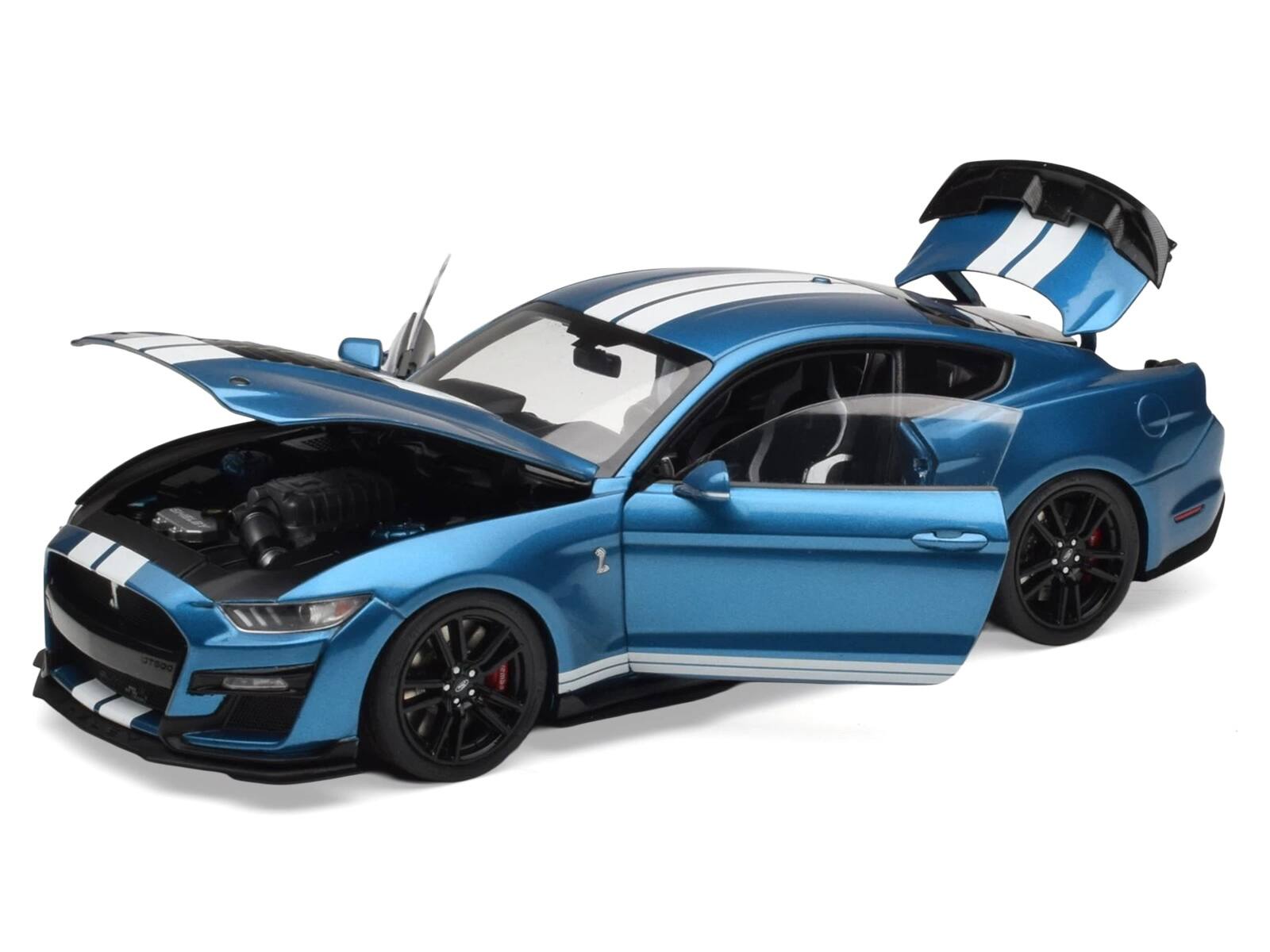Alt View 2. IXO - 2022 Ford Mustang Shelby GT500 Blue Metallic with White Stripes 1/18 Diecast Model Car by IXO Models.