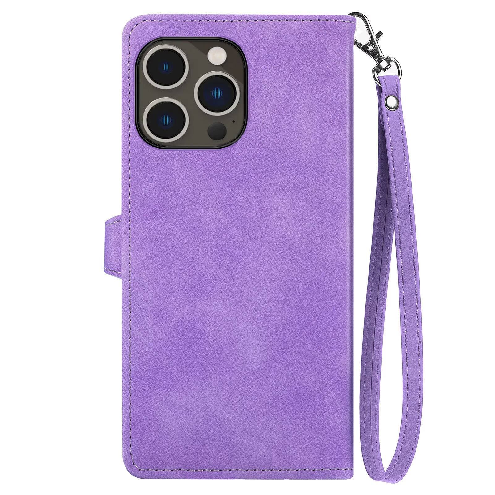 Left. UUCOVER - Wallet Case for Apple iPhone 16 Pro Max with Card Slots Cash Holder, Zipper Pocket, Wrist Strap, Flip Kickstand Cover - Purple.