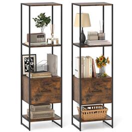 Costway - 2 PCS 5-Tier Bookshelf with 4 Open Shelves Storage Drawer Book Storage Organizer - Brown