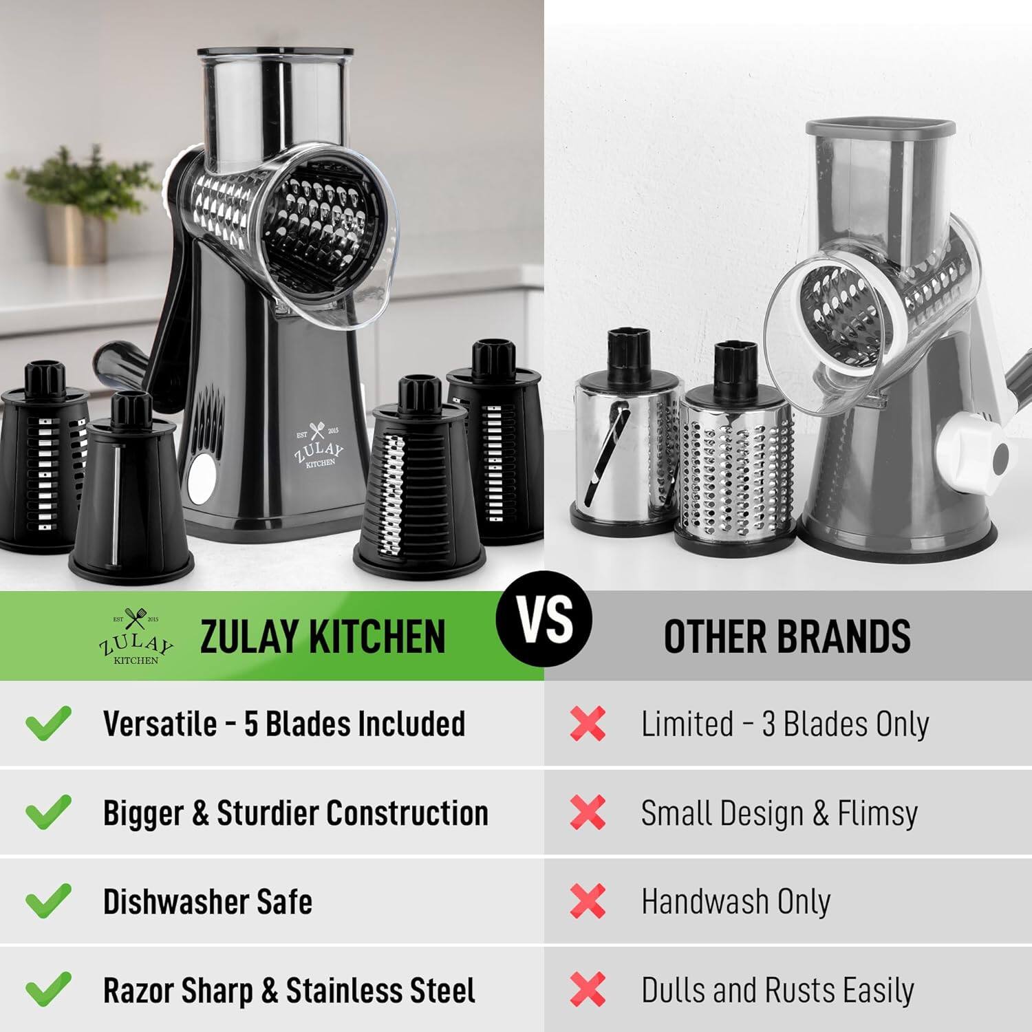 ZULAY KITCHEN vs OTHER BRANDS

ZULAY KITCHEN:
- Versatile - 5 Blades Included
- Bigger & Sturdier Construction
- Dishwasher Safe
- Razor Sharp & Stainless Steel

OTHER BRANDS:
- Limited - 3 Blades Only
- Small Design & Flimsy
- Handwash Only
- Dulls and Rusted Easily