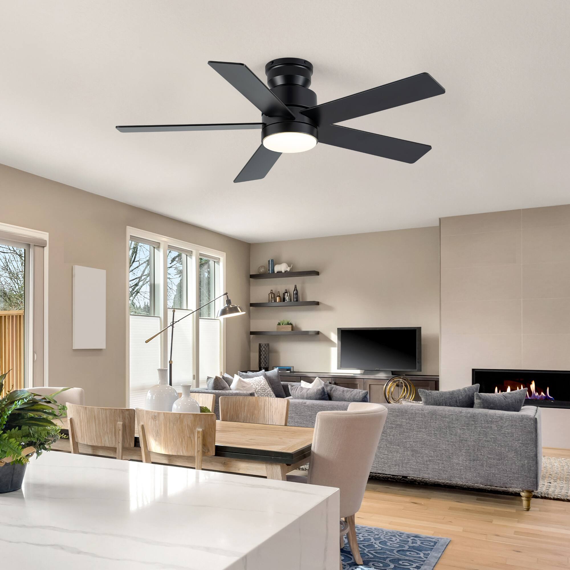 Alt View 1. Breezary - Breezary 42" Flush Mount Ceiling Fan with 5 Plywood Blades, 3-Color Light, DC Motor, Remote Control, Timer with Memory - Matte Black and Deep Walnut Color.