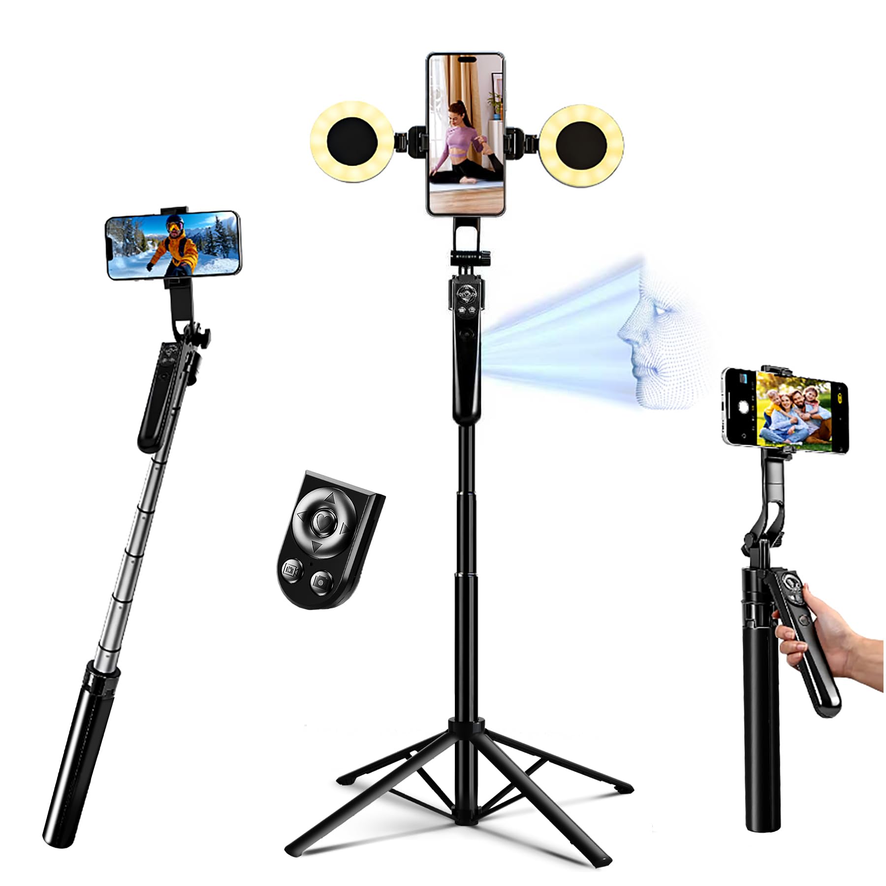 VEGA AUTOMOTIVE - Auto Face Tracking Selfie Stick Tripod For With Light 360 Rotation That Follows Your Movement 9 Camera Stan - A-Auto Face Tracking Tripod with 2 Ring Light