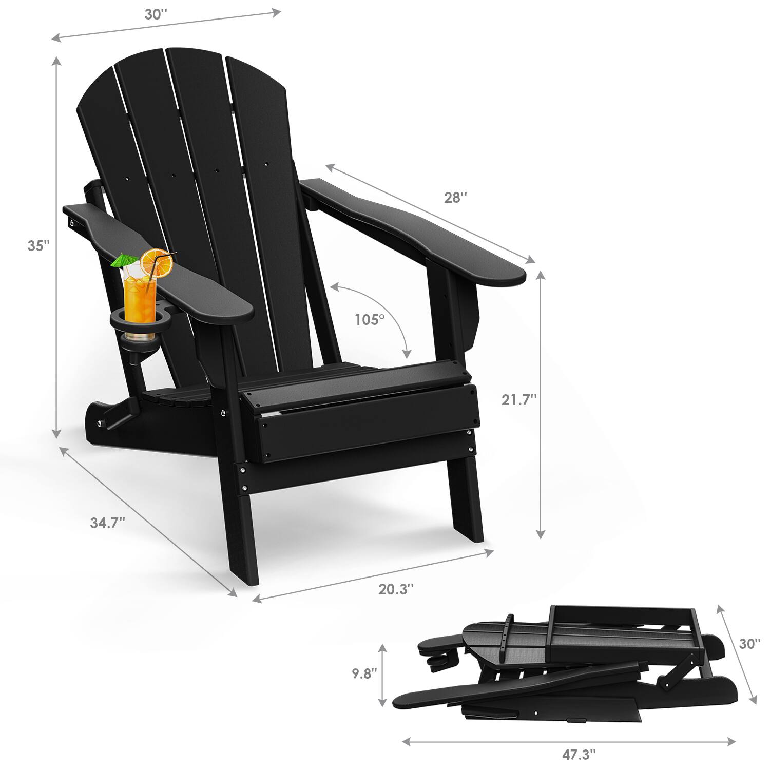 - Width: 30"
- Depth: 28"
- Height: 35"
- Seat Height: 21.7"
- Armrest Height: 34.7"
- Base Width: 20.3"
- Base Depth: 9.8"
- Folded Length: 47.3"
- Folded Width: 30"
- Folded Height: 9.8"
- Backrest Angle: 105°