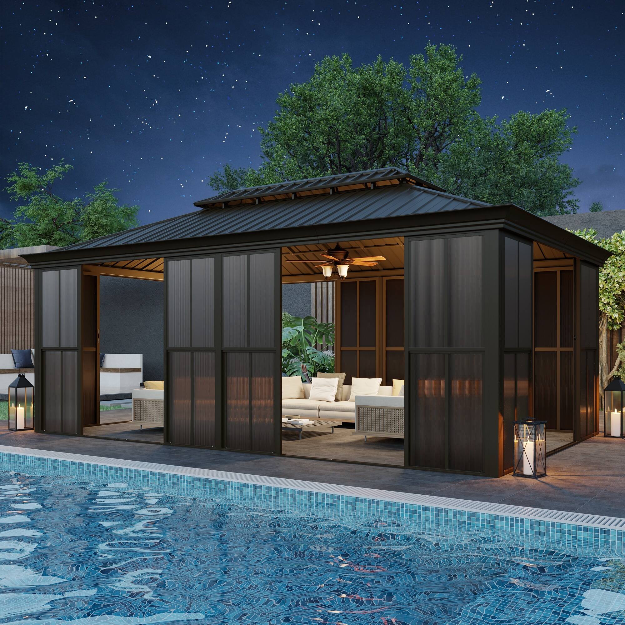 Left. U-HOMY - 12' x 20' Hardtop Sunroom with Double Steel Roof, Sliding Lockable Doors, Aluminum Frame, All-Season Design - 12' X 20'.