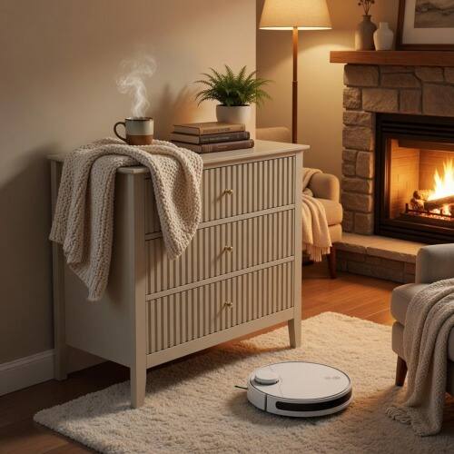 Angle. LUCKY ONE - 32" Assembled Wide Fluted Nightstand 3-Drawer - Beige.