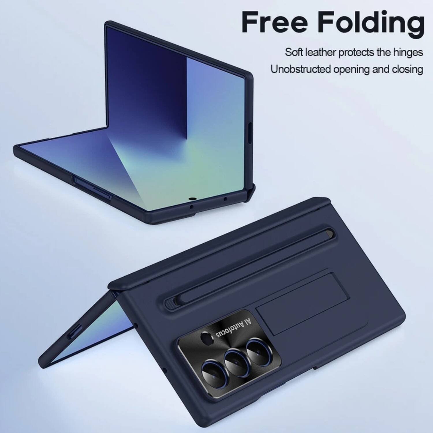 Free Folding  
Soft leather protects the hinges  
Unobstructed opening and closing