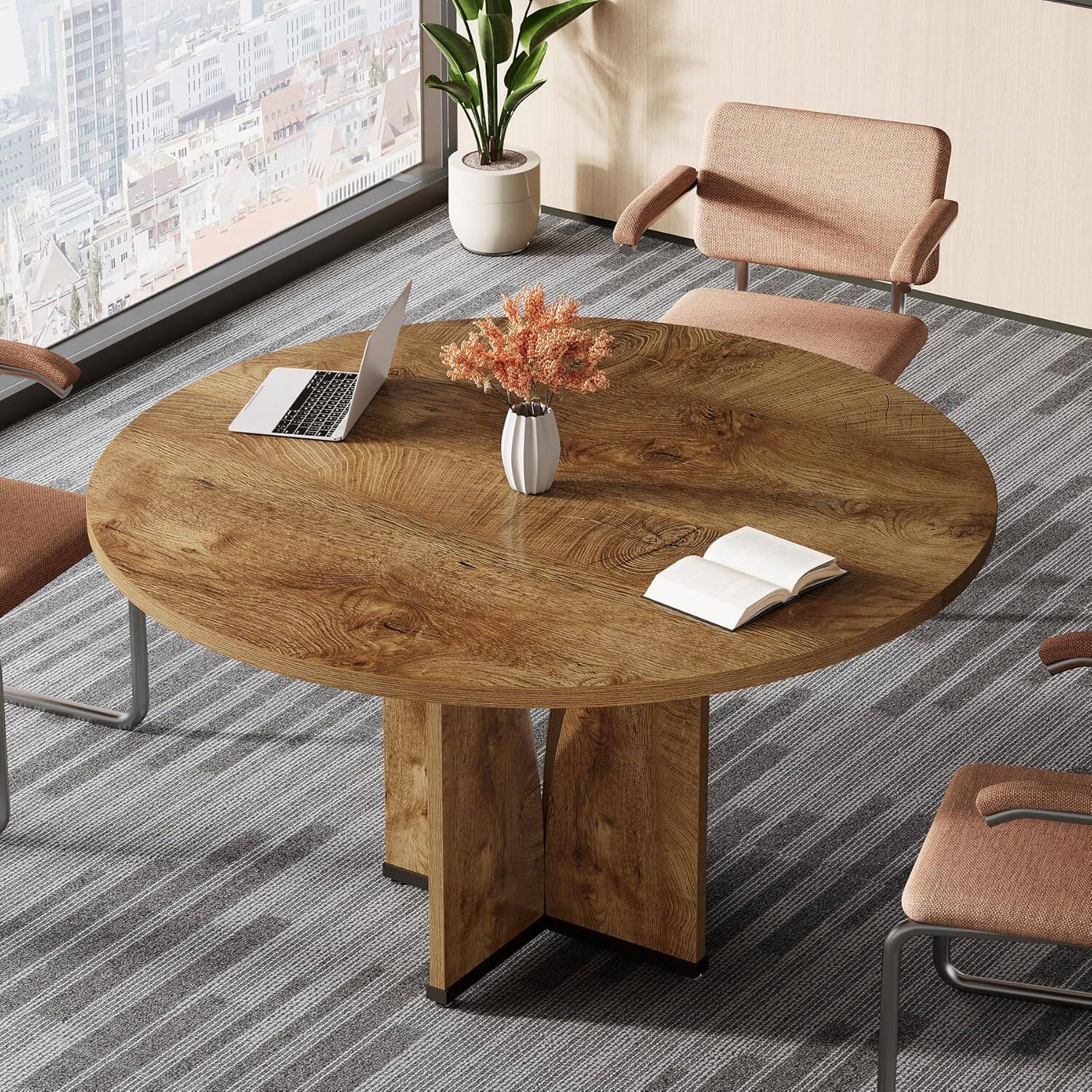 Alt View 1. Tribesigns - Conference Table with Engineered Wood Construction, Space-Saving Design and Round Top for Office - Brown.