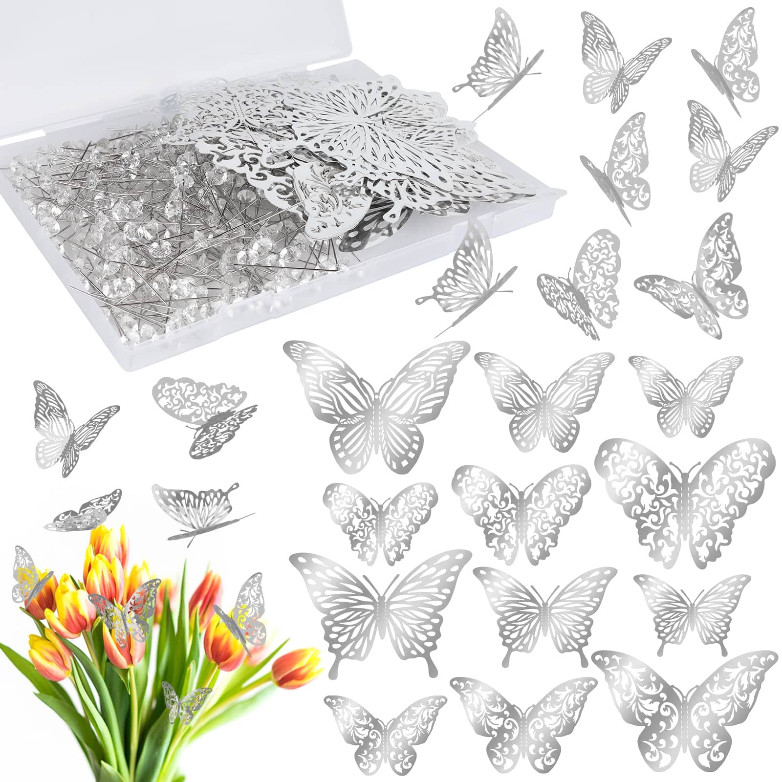 Stylel Star - 148 Flower Bouquet Accessories with 100Pcs Corsage Pins and 48Pcs 3D Butterfly Decorations for Valentines Wedding Birthd - Default