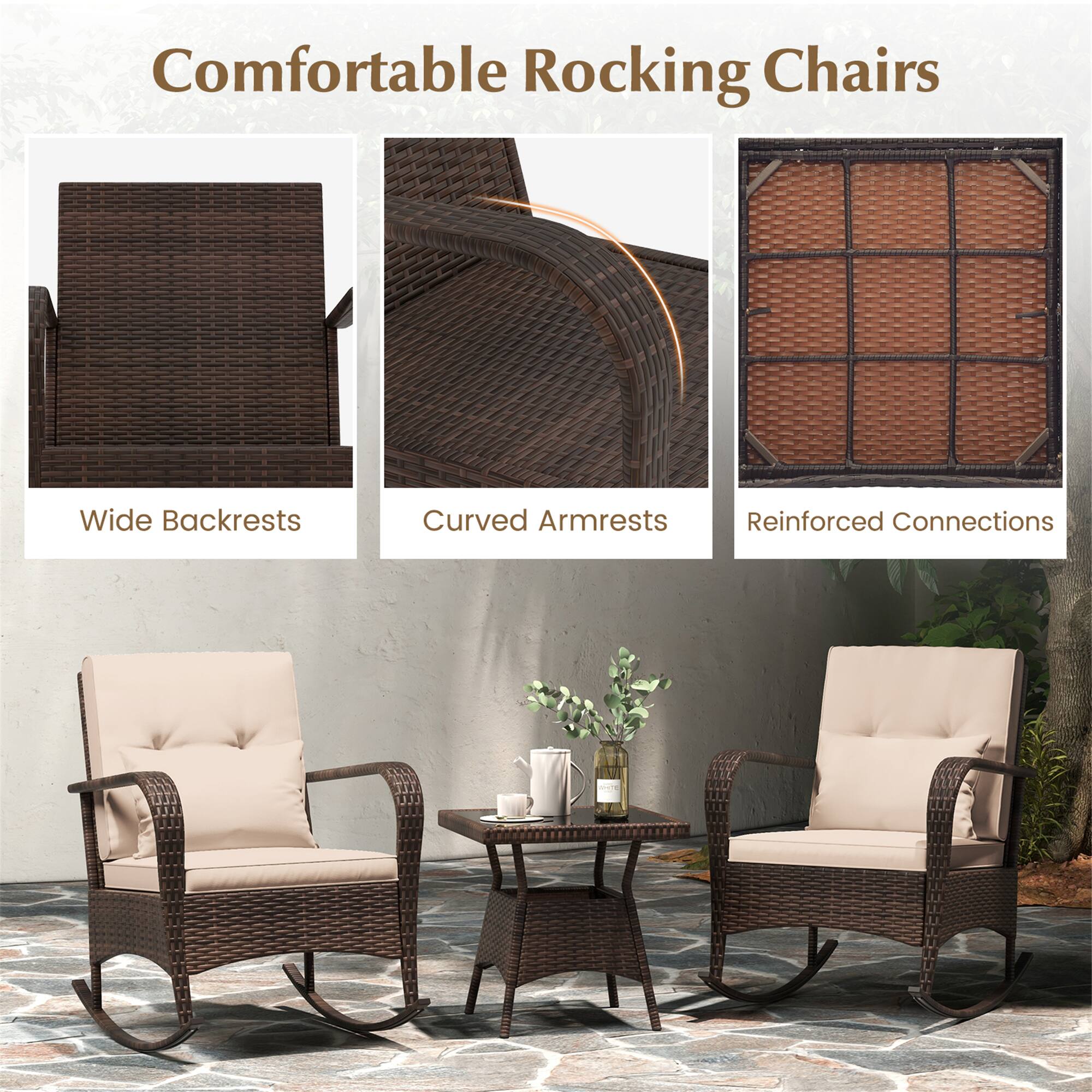 Comfortable Rocking Chairs

- Wide Backrests
- Curved Armrests
- Reinforced Connections