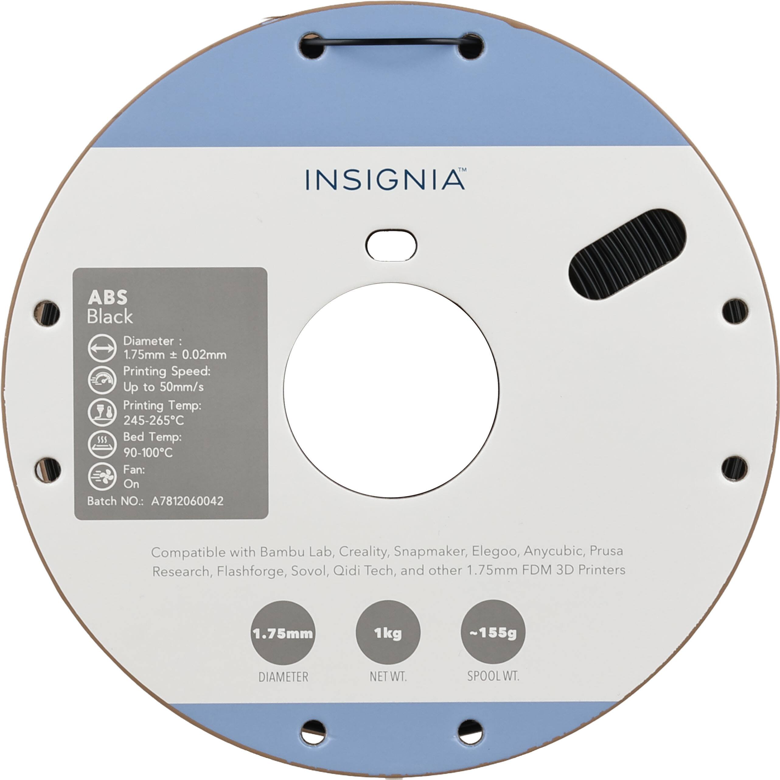 IM INSIGNIA ABS Black  
Diameter: 1.75mm ± 0.02mm  
Printing Speed: Up to 50mm/s  
Printing Temp: 245-265°C  
Bed Temp: 90-100°C  
Fan: On  
Batch NO.: A7812060042  

Compatible with Bambu Lab, Creality, Snapmaker, Elegoo, Anycubic, Prusa Research, Flashforge, Sovol, Qidi Tech, and other 1.75mm FDM 3D Printers  

1.75mm  
1kg NET WT.  
~155g SPOOL WT.