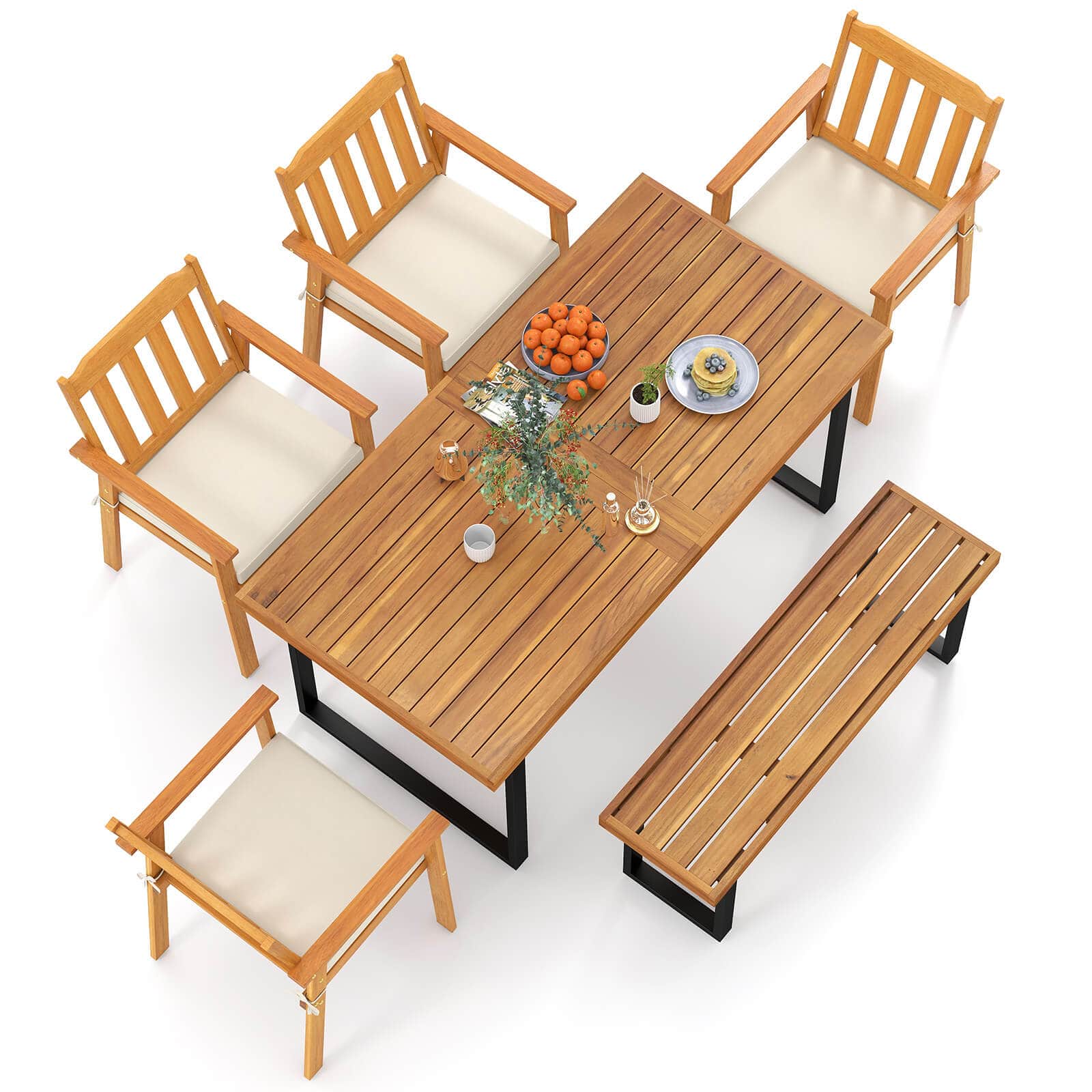 Costway - 6PCS Patio Dining Table Set, Table with 4 Acacia Wood Armchairs & Backless Bench - Natural,Black