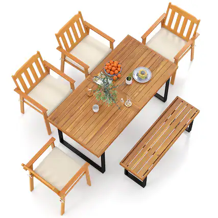 Front. Costway - Costway 6PCS Patio Dining Table Set, Table with 4 Acacia Wood Armchairs & Backless Bench - Natural,Black.