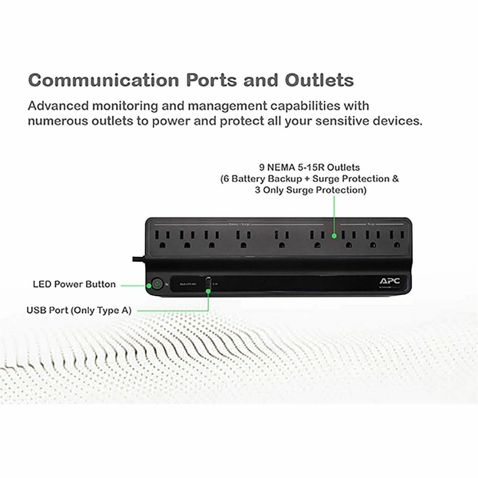 Communication Ports and Outlets

Advanced monitoring and management capabilities with numerous outlets to power and protect all your sensitive devices.

9 NEMA 5-15R Outlets (6 Battery Backup + Surge Protection & 3 Only Surge Protection)

LED Power Button

APC USB Port (Only Type A)