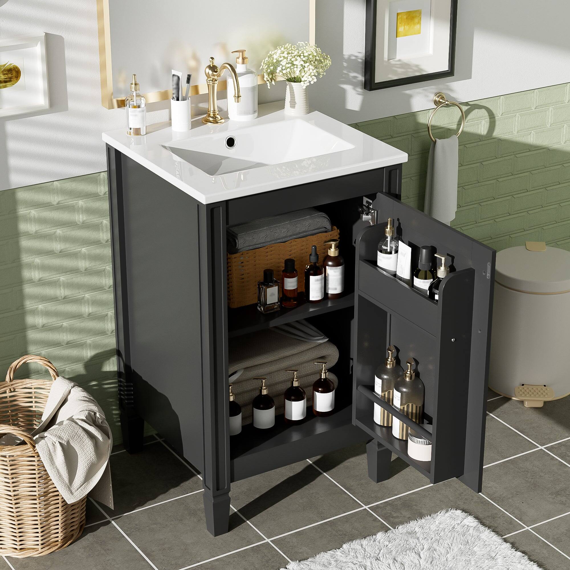 Alt View 5. Boyel Living - 20 Inch Black Bathroom Vanity with Ceramic Sink Soft Close Door Adjustable U Shaped Shelf and Door Storage Rack - Black.