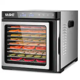 YASHE - 9-Tray Stainless Steel Food Dehydrator, 1000W, Adjustable Timer & Temp, Recipes Included for Meat, Fruits, Herbs - Silver