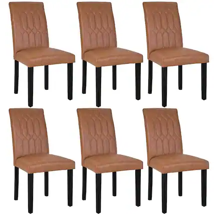 Front. Vecelo - Set of 6 PU Leather Dining Chairs - Ergonomic High Back Chairs With Solid Wood Legs - Brown.