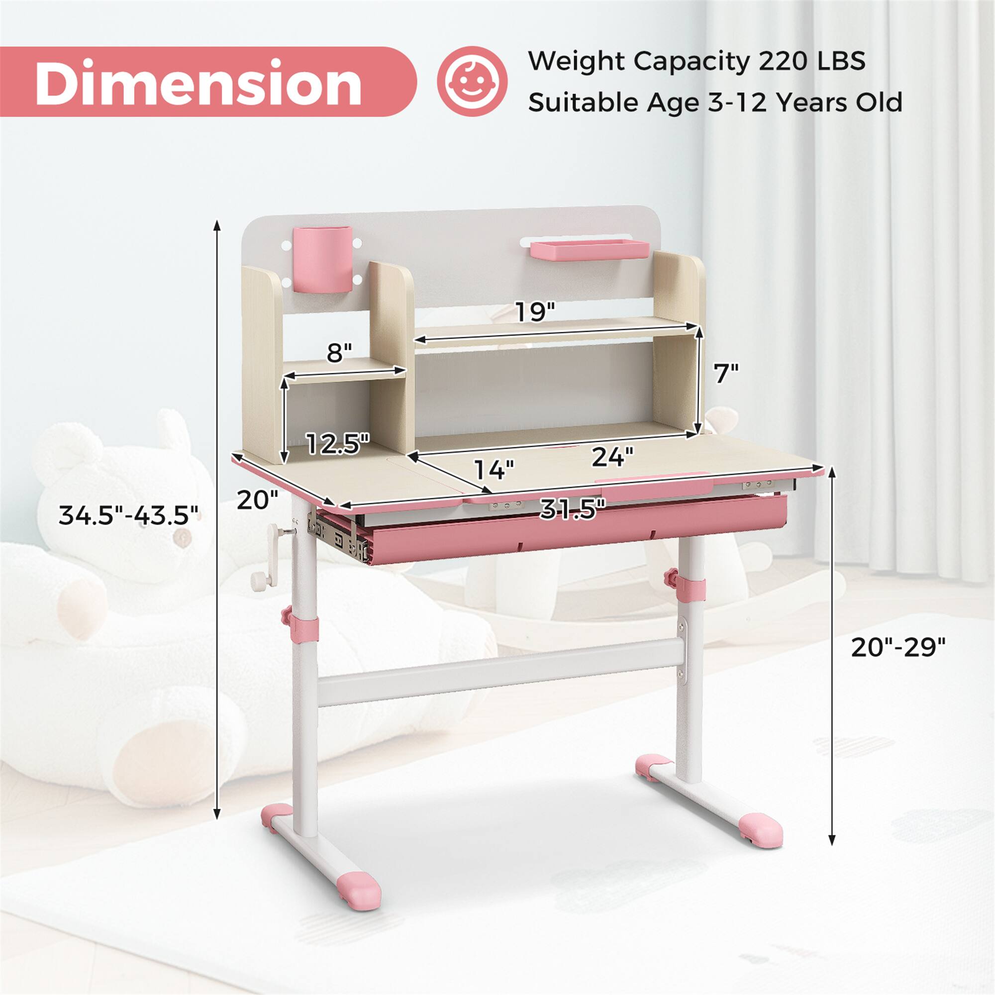 Dimension
Weight Capacity 220 LBS
Suitable Age 3-12 Years Old
"8" 19" 7" 12.5" 20" 34.5"-43.5" L
24" 14" 31.5" 20"-29"