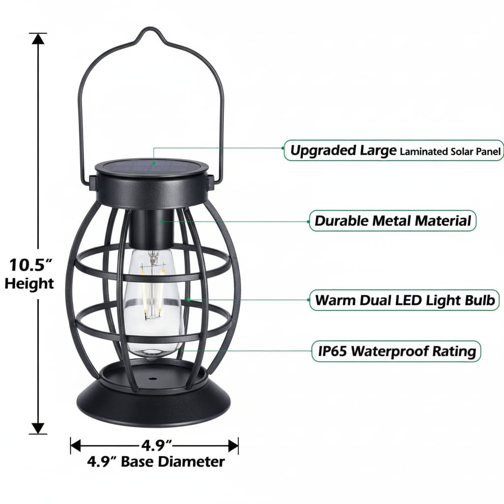 Upgraded Large Laminated Solar Panel  
Durable Metal Material  
Warm Dual LED Light Bulb  
IP65 Waterproof Rating  
10.5" Height  
4.9" Base Diameter