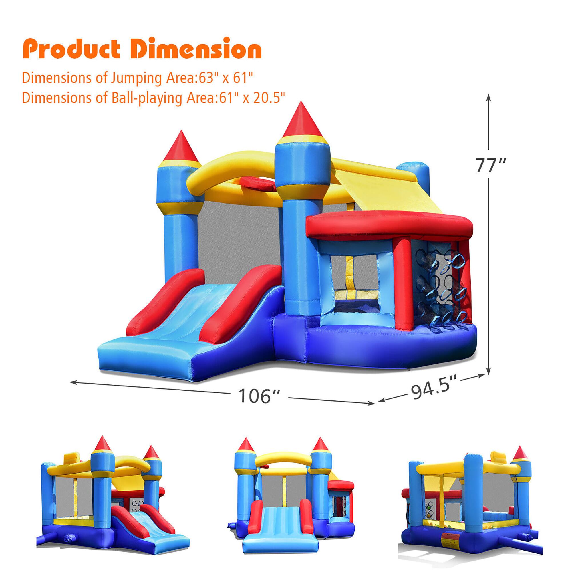 Product Dimension

Dimensions of Jumping Area: 63" x 61"

Dimensions of Ball-playing Area: 61" x 20.5"

- 106"
- 94.5"
- 77"