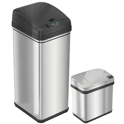 Front. iTouchless - 13 and 2.5 Gallon Stainless Steel Sensor Kitchen & Bathroom Trash Can Combo Pack with AbsorbX Odor Filter - Silver.