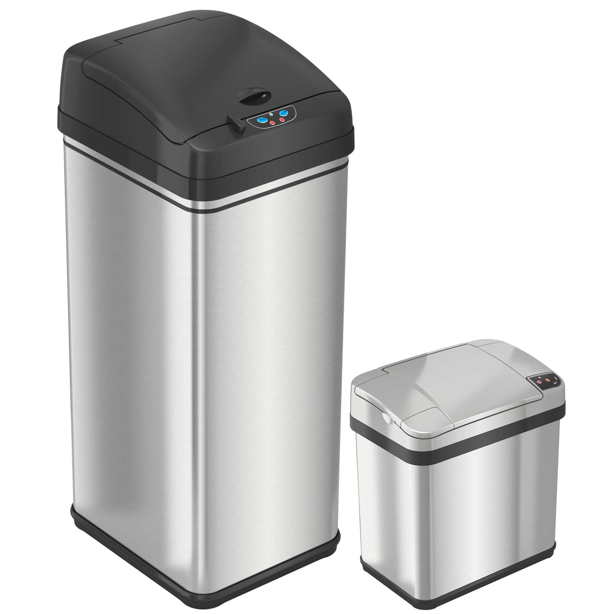 iTouchless - 13 and 2.5 Gallon Stainless Steel Sensor Kitchen & Bathroom Trash Can Combo Pack with AbsorbX Odor Filter - Silver