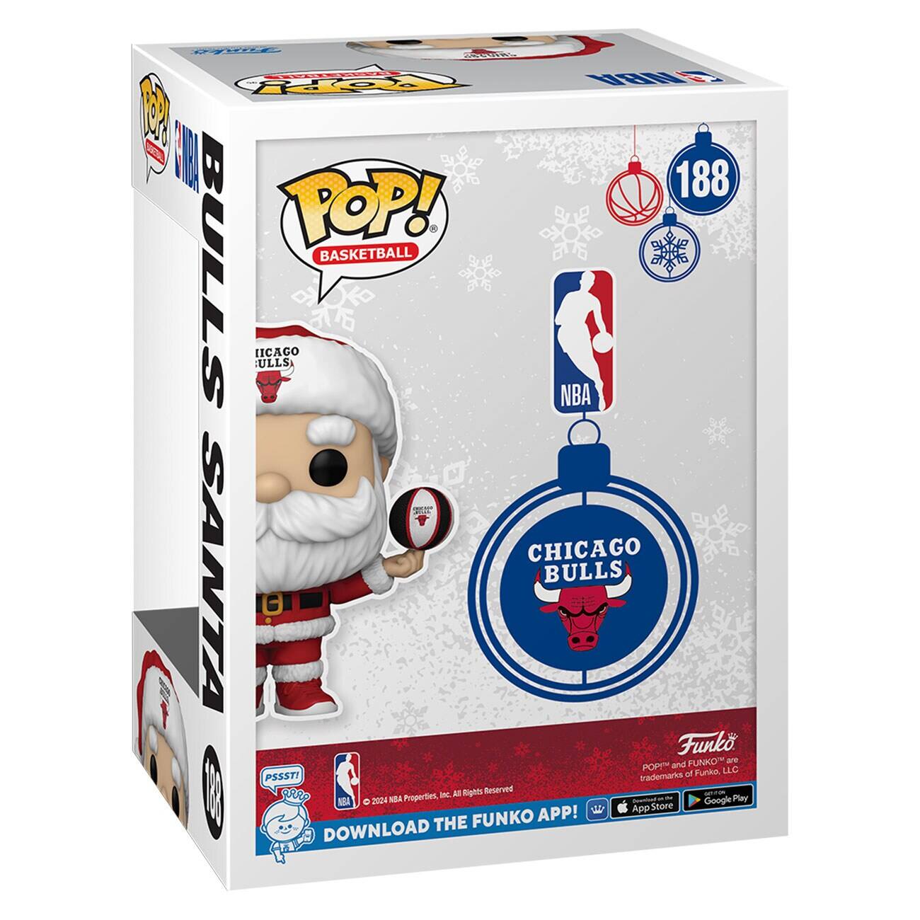 Sure, here is the corrected and grouped text from the image:

---

**Front:**

- POP! BASKETBALL
- CHICAGO BULLS
- NBA
- 188
- Chicago Bulls
- Santa
- POP! and FUNKO are trademarks of Funke LLC. All Rights Reserved.
- © 2024 NBA Properties, Inc. All Rights Reserved.
- DOWNLOAD THE FUNKO APP!
- App Store
- Google Play

**Side:**

- POP! BASKETBALL
- CHICAGO BULLS
- Santa
- 188

**Top:**

- POP! BASKETBALL
- CHICAGO BULLS
- NBA
- 188

**Bottom:**

- POP! and FUNKO are trademarks of Funke LLC. All Rights Reserved.
- © 2024 NBA Properties, Inc. All Rights Reserved.
- DOWNLOAD THE FUNKO APP!
- App Store
- Google Play

---