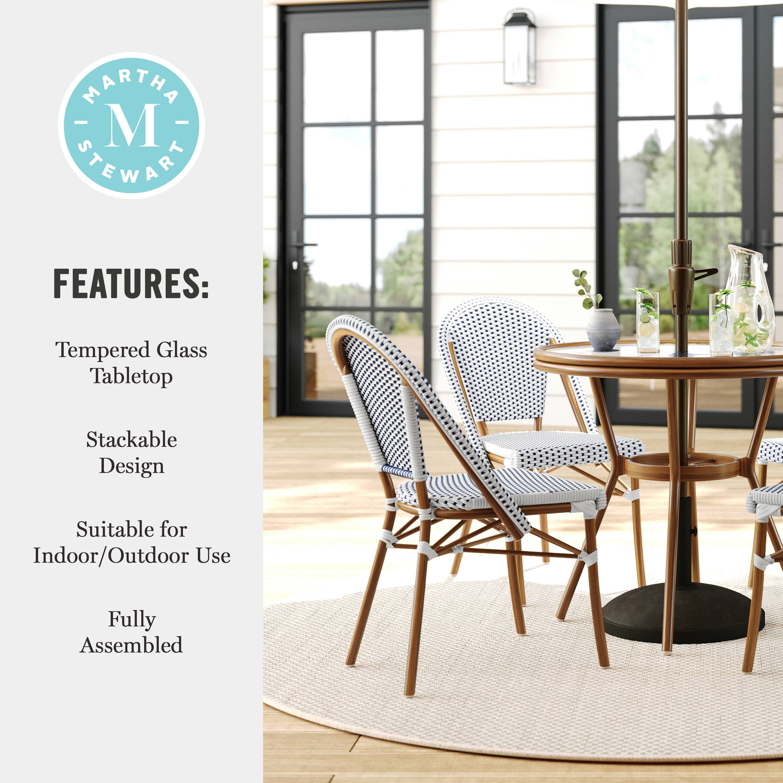 Martha Stewart Features: Tempered Glass Tabletop, Stackable Design, Suitable for Indoor/Outdoor Use, Fully Assembled.