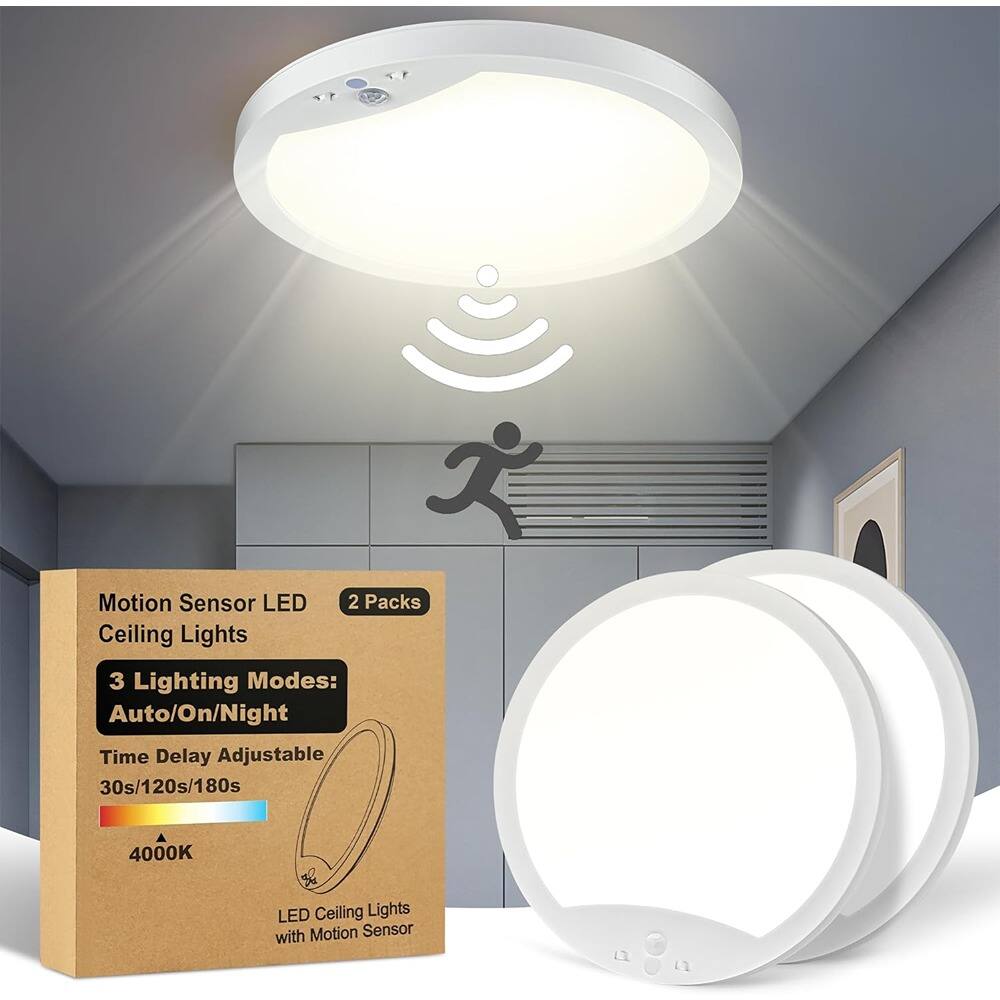 Motion Sensor LED Ceiling Lights  
2 Packs  

3 Lighting Modes: Auto/On/Night  

Time Delay Adjustable: 30s/120s/180s  

4000K LED Ceiling Lights with Motion Sensor