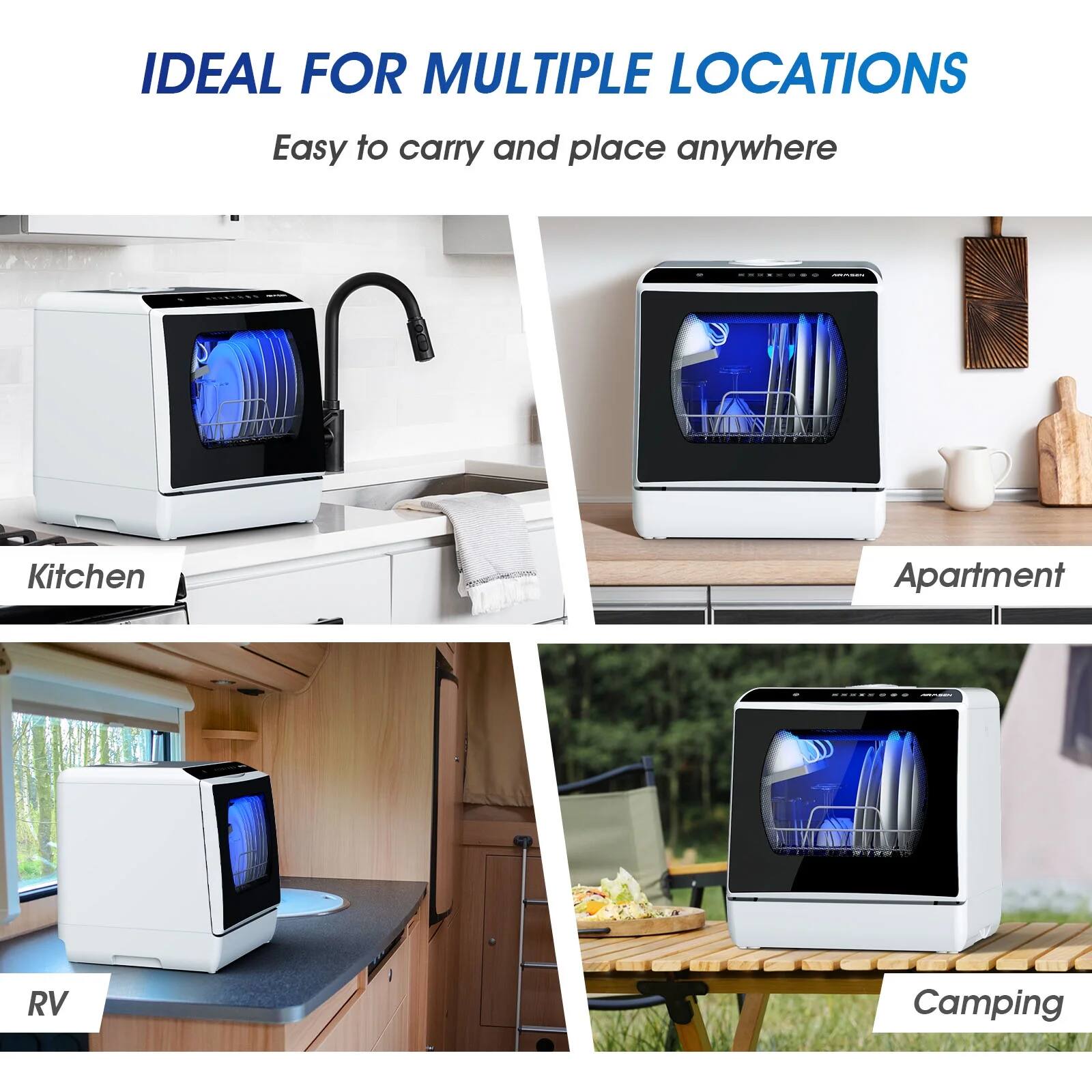 IDEAL FOR MULTIPLE LOCATIONS  
Easy to carry and place anywhere  

Kitchen  
Apartment  
RV  
Camping