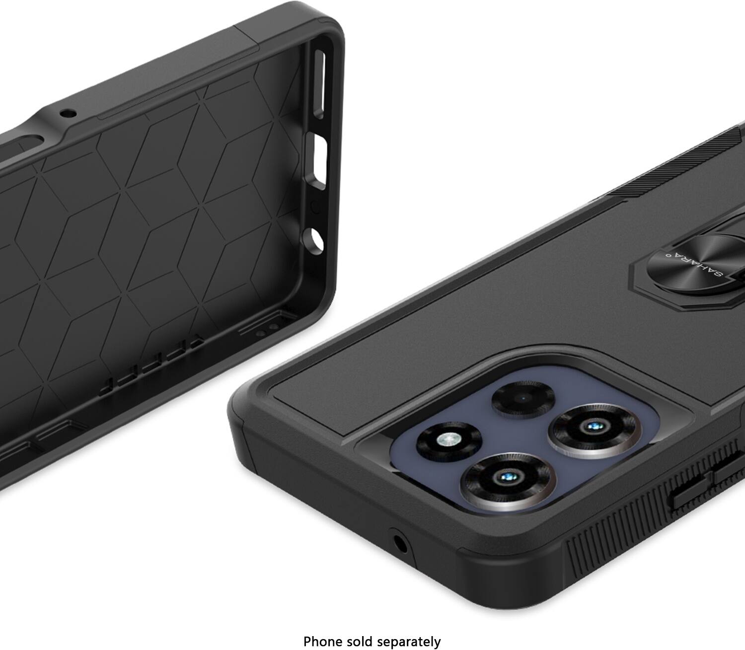 The image shows a phone case and a phone stand. The phone case is black and has a clear window for the camera. The phone stand is also black and has a clear window for the camera. The phone is not included in the image, as it is sold separately.
