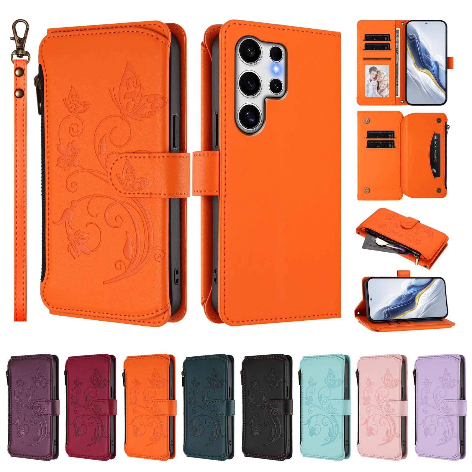 Dteck - Crossbody Wallet Case for Samsung Galaxy S25 Ultra,Embossed Butterfly Flower Folio Cover with Zipper Pocket+Strap - Orange price history on PriceWatchPro