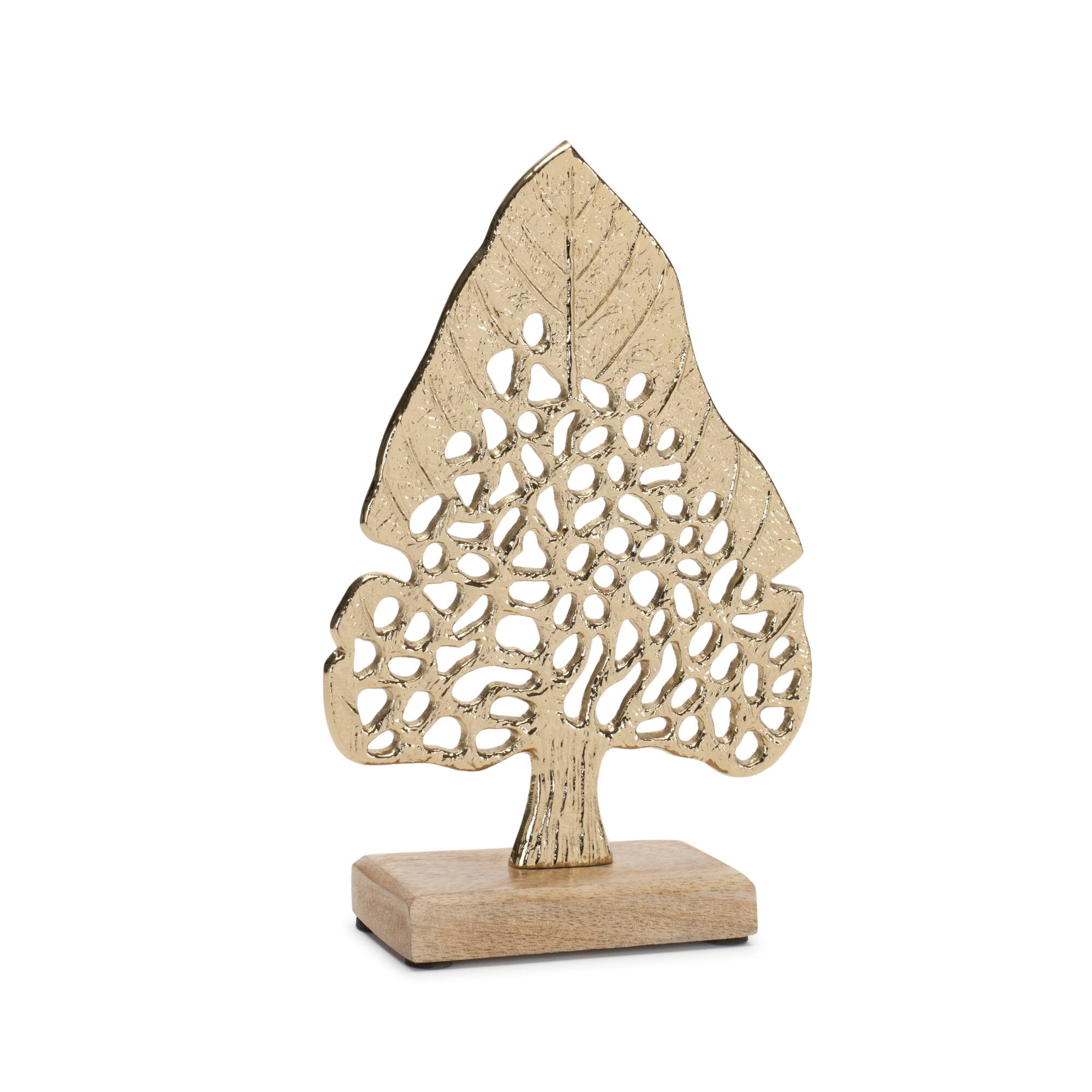 Left. BreeBe - Modern Metal Leaf Tree on Wood Base (Set of 2) - Gold.