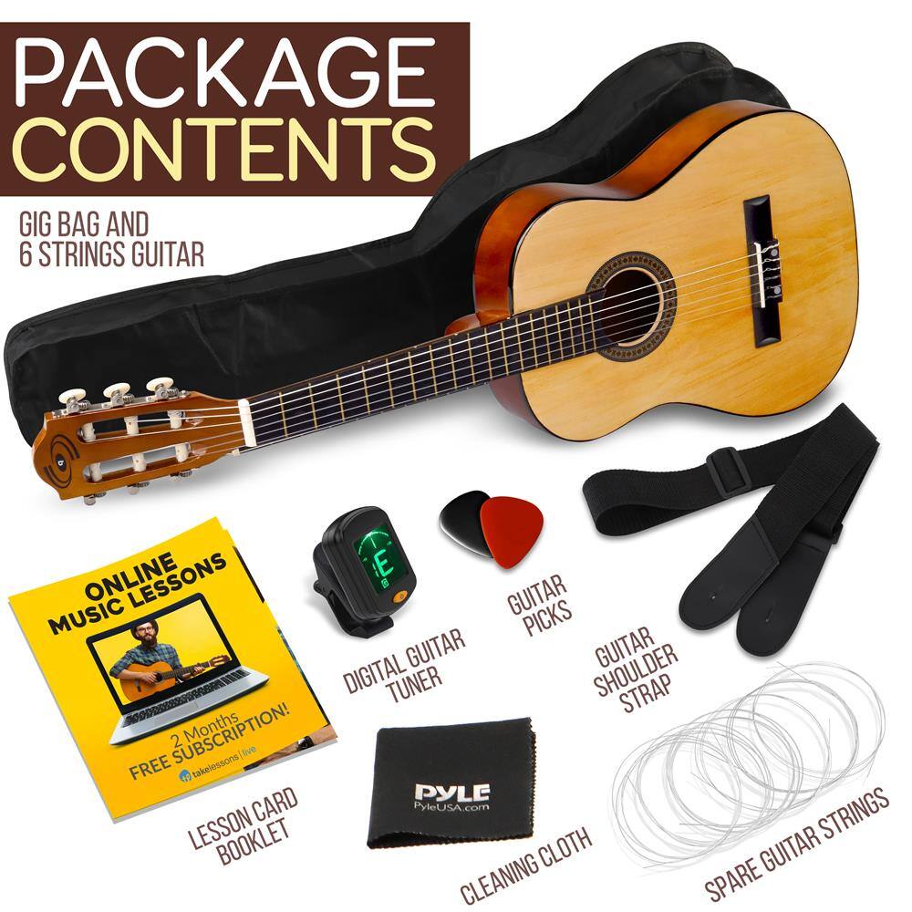 PACKAGE CONTENTS

- GIG BAG AND 6 STRINGS GUITAR
- ONLINE MUSIC LESSONS (2 Months FREE SUBSCRIPTION!)
- DIGITAL GUITAR TUNER
- GUITAR PICKS
- GUITAR SHOULDER STRAP
- CLEANING CLOTH
- SPARE GUITAR STRINGS
- LESSON BOOKLET
- PYLE CLEANING CLOTH (PyleUSA.com)