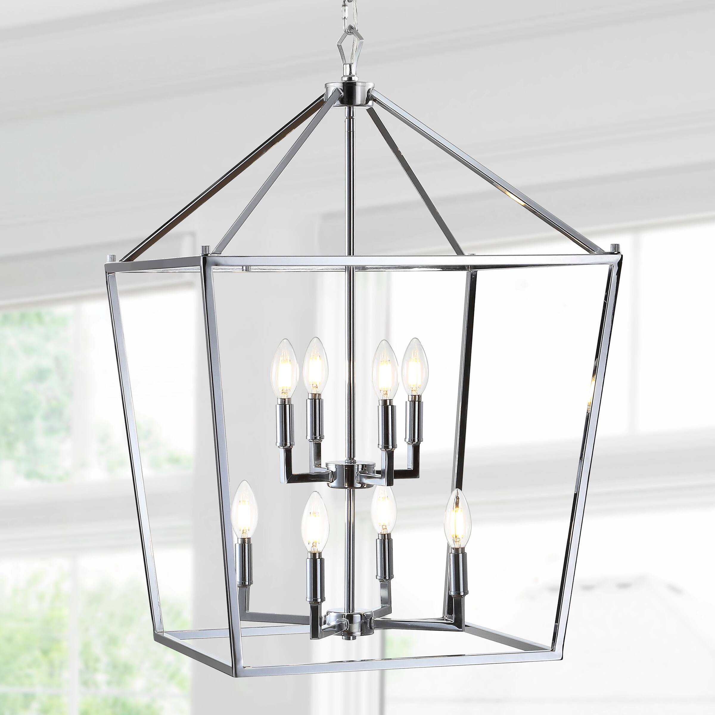Alt View 1. Jonathan Y - Pagoda 20" 8-Light Classic Traditional Metal Cage Lantern LED Pendant, Chrome - Chrome.